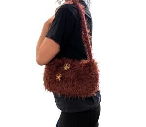 Burgundy Fuzzy Shoulder Bag Gold Jewel Tone Accents Fairycore Eclectic Boho Y2K